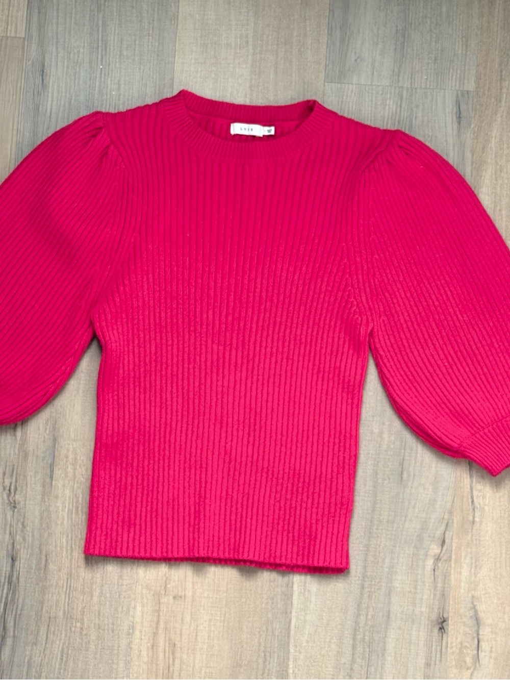 Lush Hot Pink Barbiecore Ribbed Puff-Sleeve Crewneck Knit Sweater Women’s Top